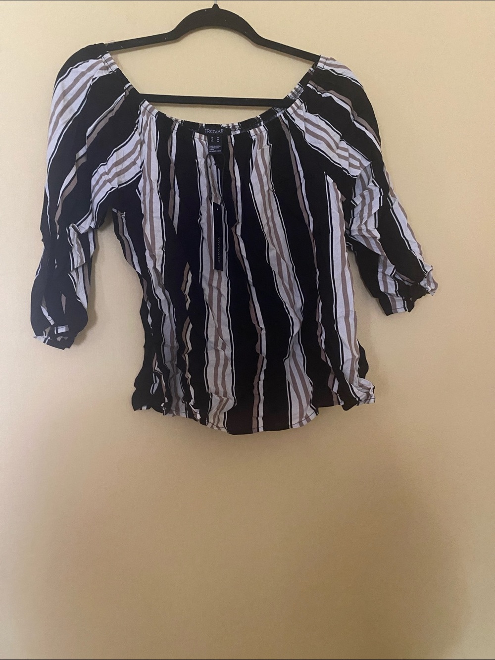 Off-Shoulder Black, White & Tan Striped Women's Blouse